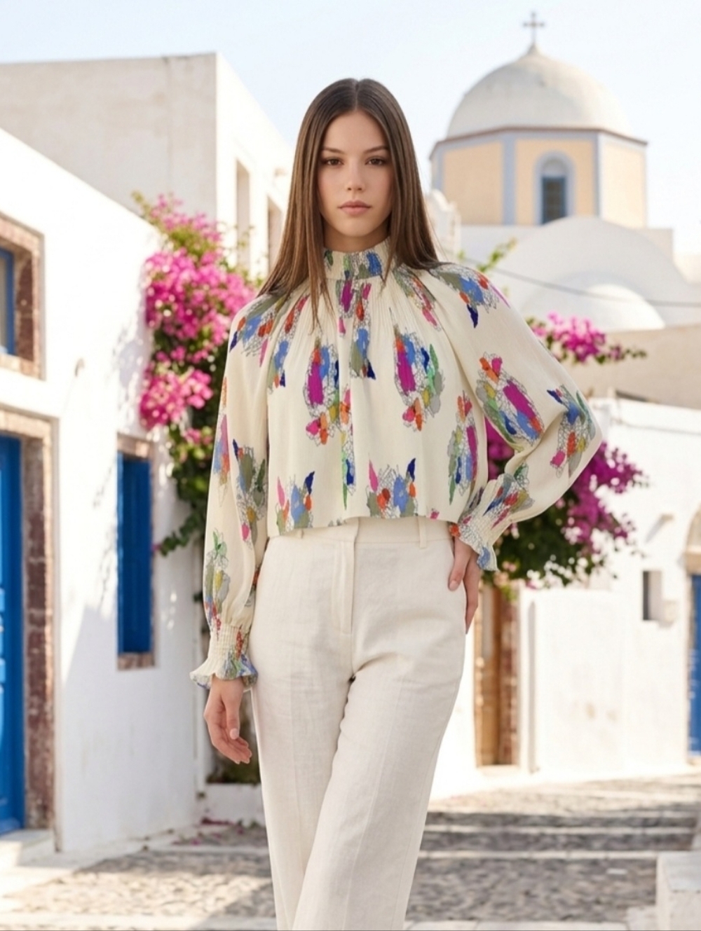 Tibi Floral Print Mock Neck Crop Top Size M
